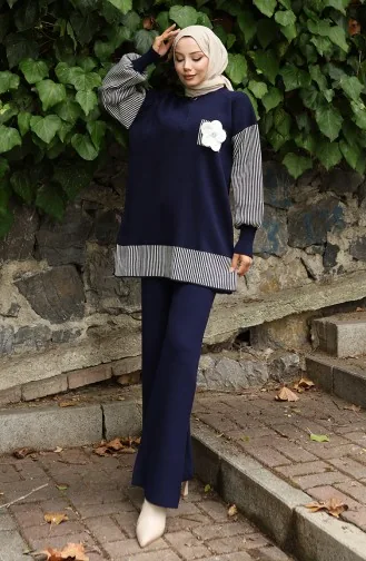 Gebreide Bloemenapplicatie Tuniek Broek Tweedelig Pak 1009-08 Marineblauw 1009-08