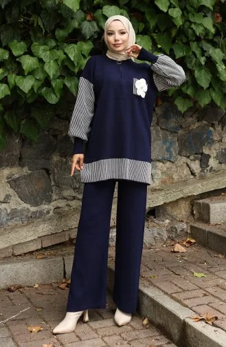 Gebreide Bloemenapplicatie Tuniek Broek Tweedelig Pak 1009-08 Marineblauw 1009-08