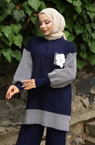 Gebreide Bloemenapplicatie Tuniek Broek Tweedelig Pak 1009-08 Marineblauw 1009-08