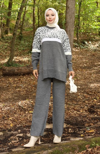Strickmode Gemusterte Garnierte Tunika Hose Zweiteiliger Anzug 1013-01 Grau 1013-01