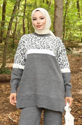 Strickmode Gemusterte Garnierte Tunika Hose Zweiteiliger Anzug 1013-01 Grau 1013-01