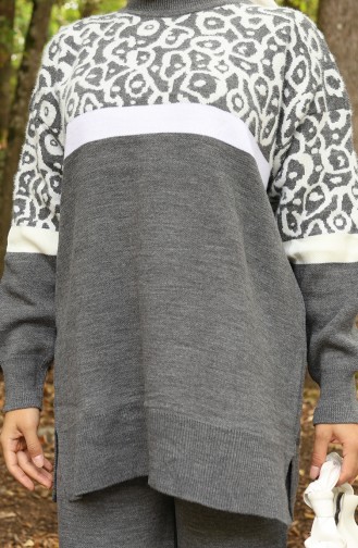 Strickmode Gemusterte Garnierte Tunika Hose Zweiteiliger Anzug 1013-01 Grau 1013-01