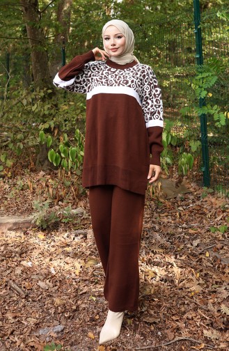 Triko Desenli Garnili Tunik Pantolon İkili Takım 1013-02 Kahverengi