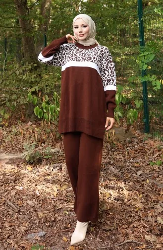 Ensemble Deux Pièces En Tricot Tunique Et Pantalon Garnis Motif 1013-02 Marron 1013-02