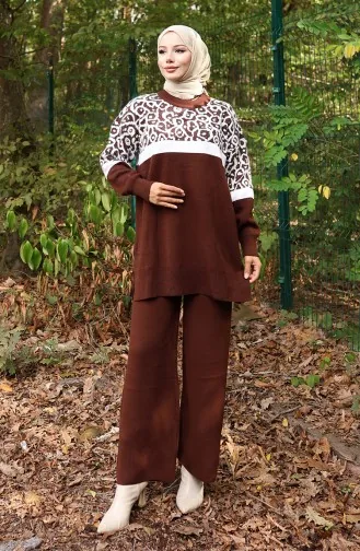 Ensemble Deux Pièces En Tricot Tunique Et Pantalon Garnis Motif 1013-02 Marron 1013-02