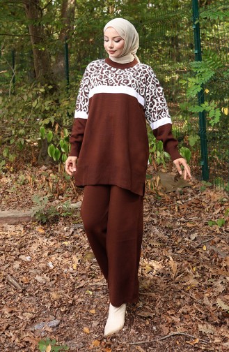 Triko Desenli Garnili Tunik Pantolon İkili Takım 1013-02 Kahverengi