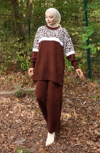 Ensemble Deux Pièces En Tricot Tunique Et Pantalon Garnis Motif 1013-02 Marron 1013-02