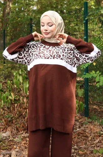 Ensemble Deux Pièces En Tricot Tunique Et Pantalon Garnis Motif 1013-02 Marron 1013-02