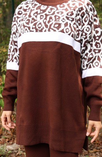 Triko Desenli Garnili Tunik Pantolon İkili Takım 1013-02 Kahverengi