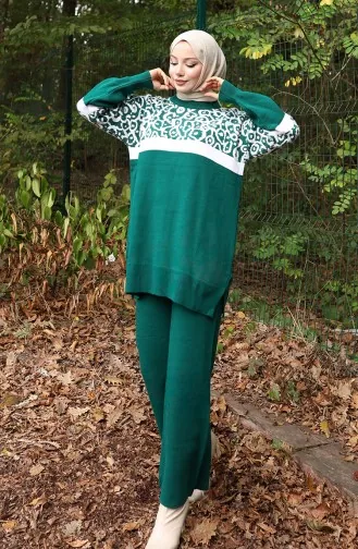 Ensemble Deux Pièces En Tricot Tunique Et Pantalon Garnis Motif 1013-03 Vert émeraude 1013-03