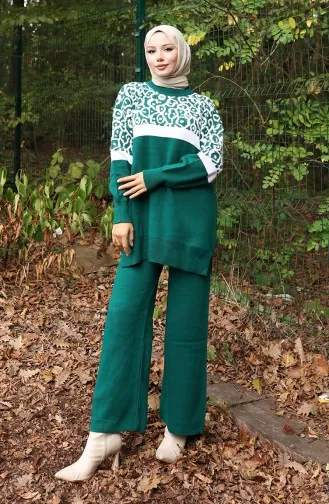 Ensemble Deux Pièces En Tricot Tunique Et Pantalon Garnis Motif 1013-03 Vert émeraude 1013-03