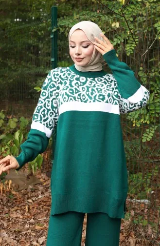 Ensemble Deux Pièces En Tricot Tunique Et Pantalon Garnis Motif 1013-03 Vert émeraude 1013-03