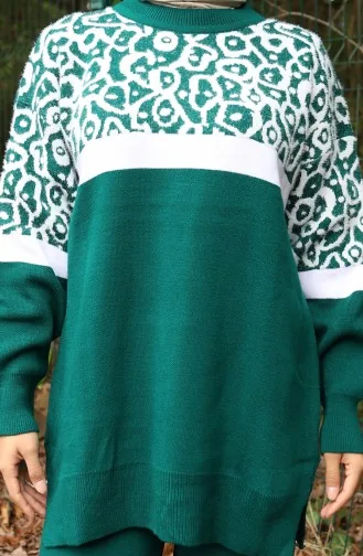 Ensemble Deux Pièces En Tricot Tunique Et Pantalon Garnis Motif 1013-03 Vert émeraude 1013-03