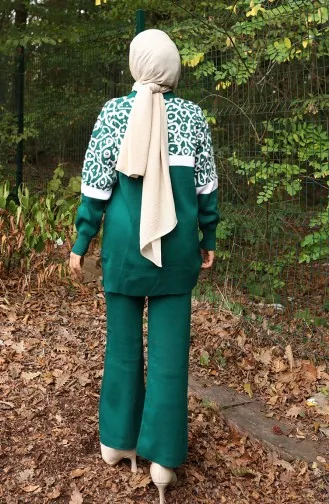 Ensemble Deux Pièces En Tricot Tunique Et Pantalon Garnis Motif 1013-03 Vert émeraude 1013-03