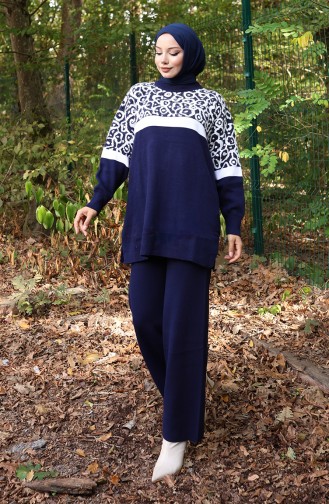 Triko Desenli Garnili Tunik Pantolon İkili Takım 1013-04 Lacivert