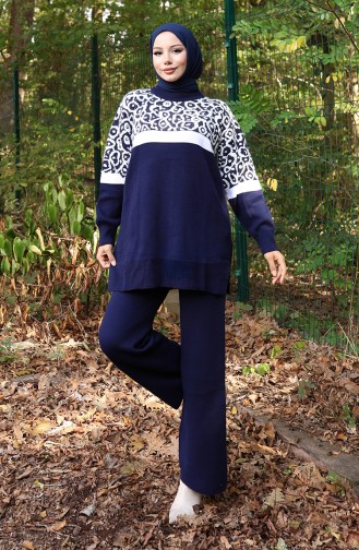 Triko Desenli Garnili Tunik Pantolon İkili Takım 1013-04 Lacivert