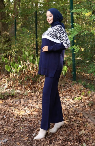 Triko Desenli Garnili Tunik Pantolon İkili Takım 1013-04 Lacivert