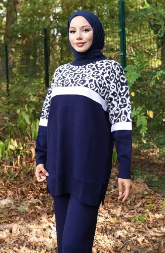 Ensemble Deux Pièces En Tricot Tunique Et Pantalon Garnis Motif 1013-04 Bleu Marine 1013-04