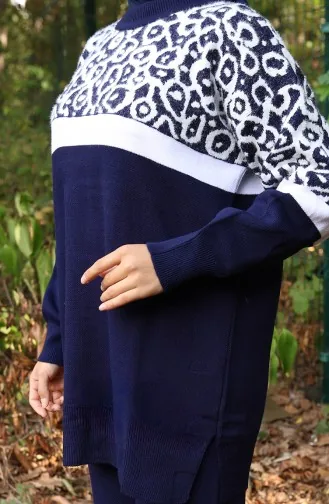 Ensemble Deux Pièces En Tricot Tunique Et Pantalon Garnis Motif 1013-04 Bleu Marine 1013-04