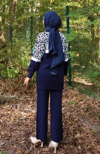 Ensemble Deux Pièces En Tricot Tunique Et Pantalon Garnis Motif 1013-04 Bleu Marine 1013-04