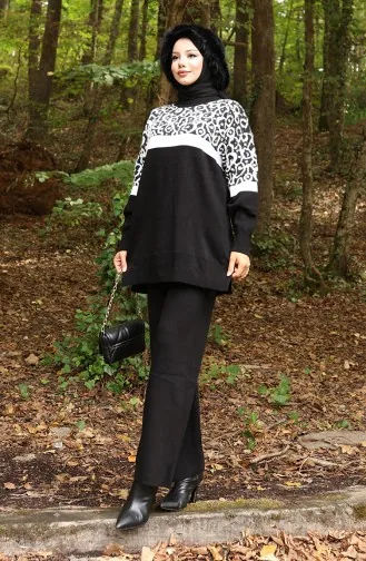 Ensemble Deux Pièces En Tricot Tunique Et Pantalon Garnis Motif 1013-05 Noir 1013-05