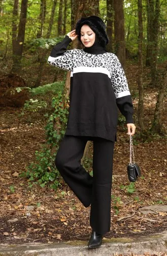 Ensemble Deux Pièces En Tricot Tunique Et Pantalon Garnis Motif 1013-05 Noir 1013-05