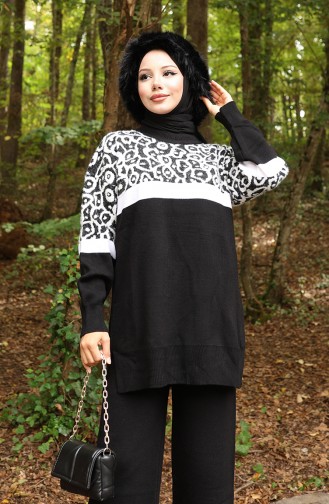Triko Desenli Garnili Tunik Pantolon İkili Takım 1013-05 Siyah