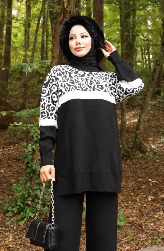 Ensemble Deux Pièces En Tricot Tunique Et Pantalon Garnis Motif 1013-05 Noir 1013-05