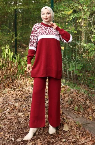 Triko Desenli Garnili Tunik Pantolon İkili Takım 1013-06 Bordo