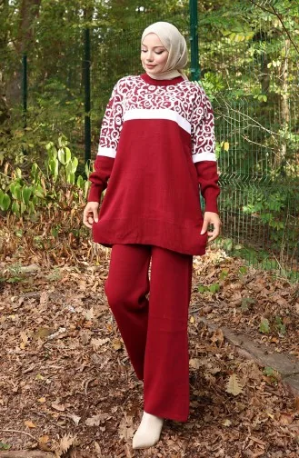 Triko Desenli Garnili Tunik Pantolon İkili Takım 1013-06 Bordo