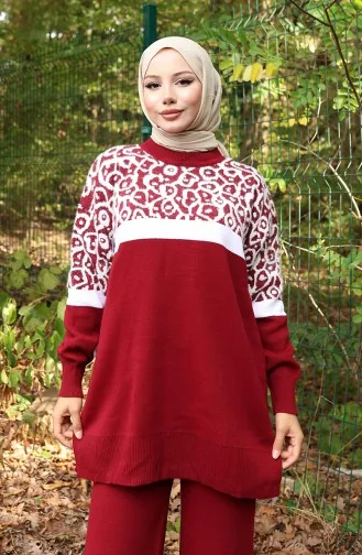 Triko Desenli Garnili Tunik Pantolon İkili Takım 1013-06 Bordo