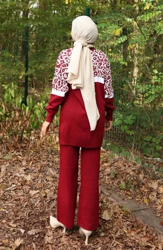 Triko Desenli Garnili Tunik Pantolon İkili Takım 1013-06 Bordo