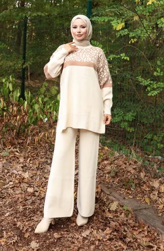 Triko Desenli Garnili Tunik Pantolon İkili Takım 1013-07 Bej