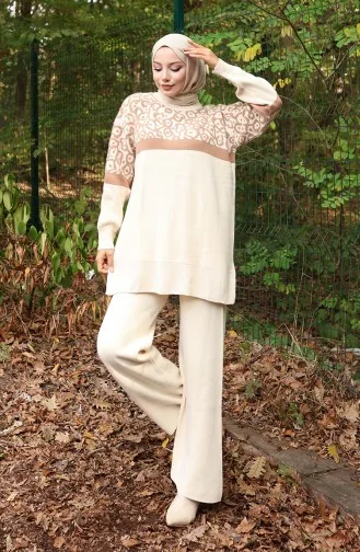Triko Desenli Garnili Tunik Pantolon İkili Takım 1013-07 Bej