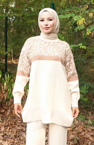 Triko Desenli Garnili Tunik Pantolon İkili Takım 1013-07 Bej