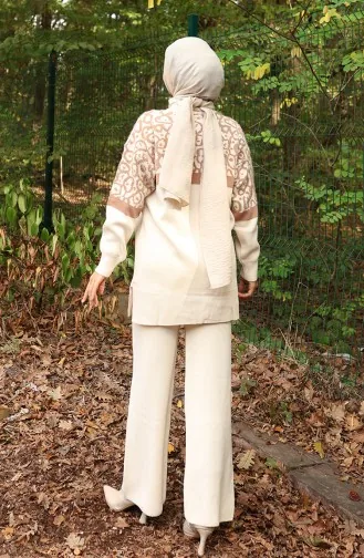 Triko Desenli Garnili Tunik Pantolon İkili Takım 1013-07 Bej