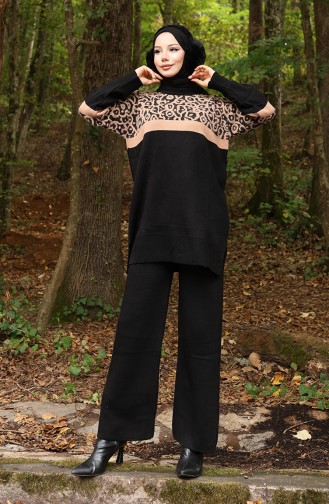 Strickmode Gemusterte Garnierte Tunika Hose Zweiteiliger Anzug 1013-08 Milchkaffee Schwarz 1013-08
