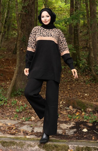 Strickmode Gemusterte Garnierte Tunika Hose Zweiteiliger Anzug 1013-08 Milchkaffee Schwarz 1013-08