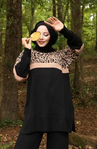 Ensemble Deux Pièces En Tricot Tunique Et Pantalon Garnis Motif 1013-08 Noir Café Au Lait 1013-08
