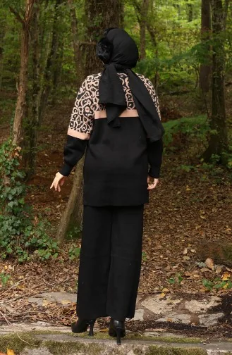 Ensemble Deux Pièces En Tricot Tunique Et Pantalon Garnis Motif 1013-08 Noir Café Au Lait 1013-08