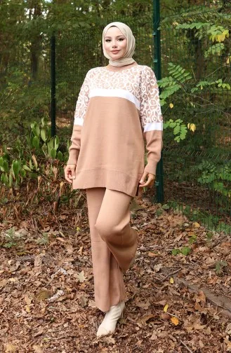 Ensemble Deux Pièces En Tricot Tunique Et Pantalon Garnis Motif 1013-09 Café Au Lait 1013-09