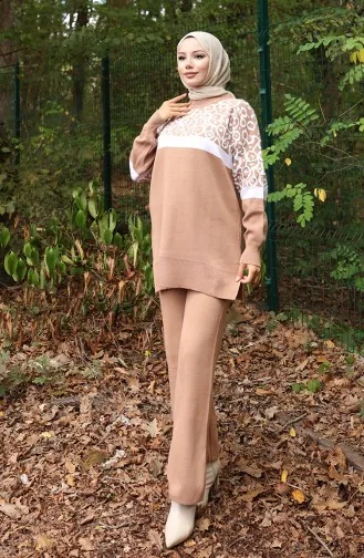 Ensemble Deux Pièces En Tricot Tunique Et Pantalon Garnis Motif 1013-09 Café Au Lait 1013-09