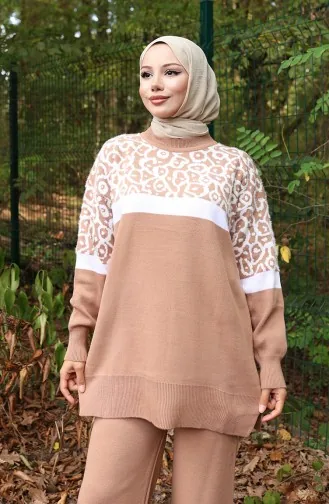 Ensemble Deux Pièces En Tricot Tunique Et Pantalon Garnis Motif 1013-09 Café Au Lait 1013-09