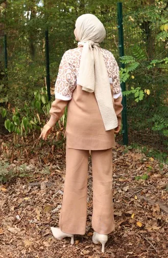 Ensemble Deux Pièces En Tricot Tunique Et Pantalon Garnis Motif 1013-09 Café Au Lait 1013-09