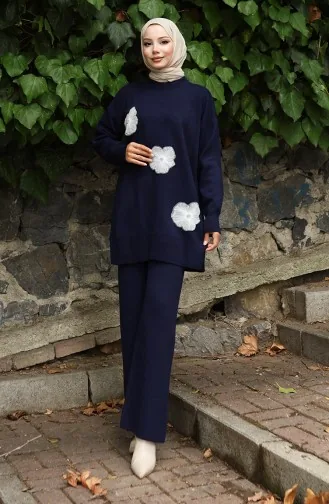 Ensemble Deux Pièces En Tricot Tunique Et Pantalon Brodés De Perles 1016-01 Bleu Marine 1016-01