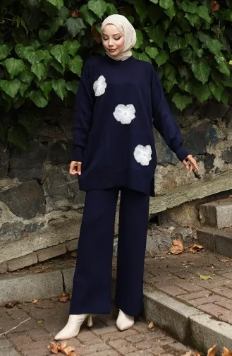 Ensemble Deux Pièces En Tricot Tunique Et Pantalon Brodés De Perles 1016-01 Bleu Marine 1016-01