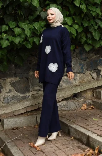 Ensemble Deux Pièces En Tricot Tunique Et Pantalon Brodés De Perles 1016-01 Bleu Marine 1016-01