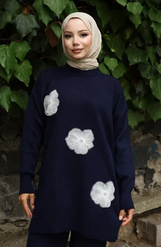 Ensemble Deux Pièces En Tricot Tunique Et Pantalon Brodés De Perles 1016-01 Bleu Marine 1016-01