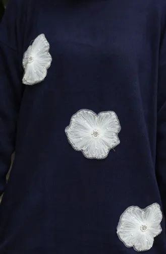 Ensemble Deux Pièces En Tricot Tunique Et Pantalon Brodés De Perles 1016-01 Bleu Marine 1016-01