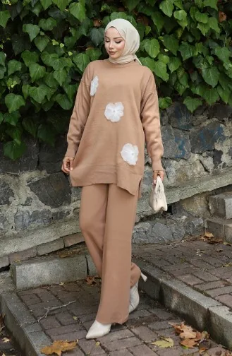 Ensemble Deux Pièces En Tricot Tunique Et Pantalon Brodés De Perles 1016-02 Café Au Lait 1016-02